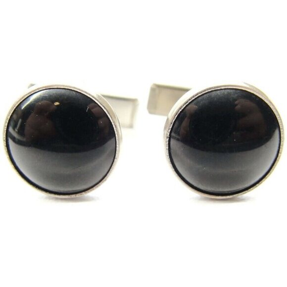 Classic Round Pioneer Black & Silver-Tone Cufflinks Tux Shirt Dress Suit Vintage - Picture 1 of 7